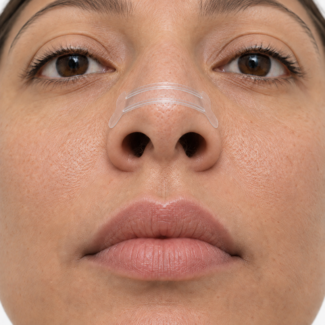 Matching low-angle illustration showing broader nostril entrances as a clear strip supports the nasal sides