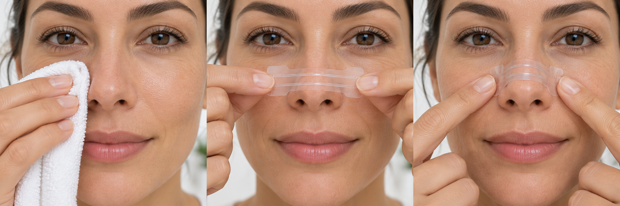 Woman drying the side of her bare nose with a clean cloth