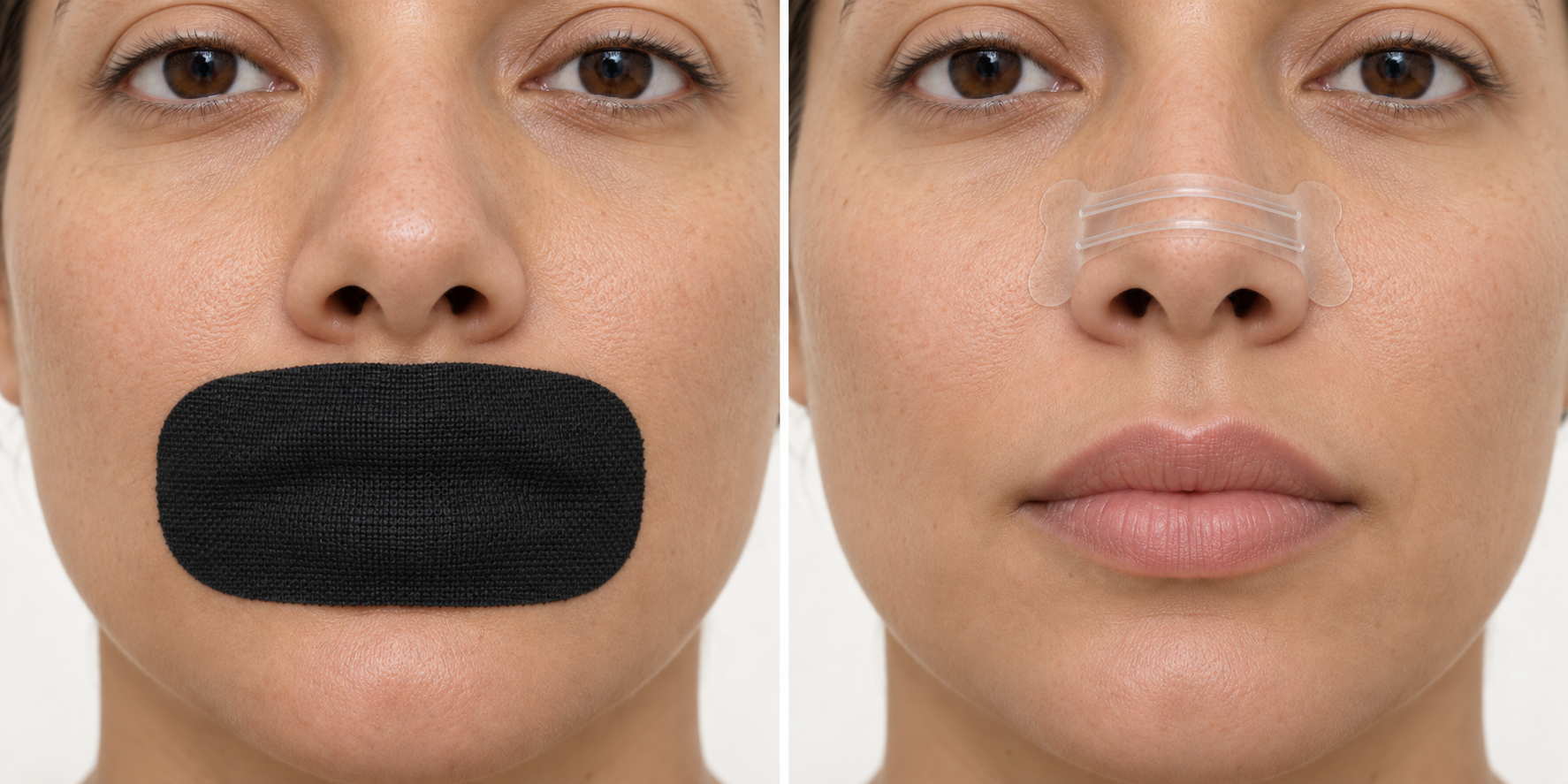 Illustration of a broad horizontal fabric mouth-tape patch covering the lips while the nose remains unsupported